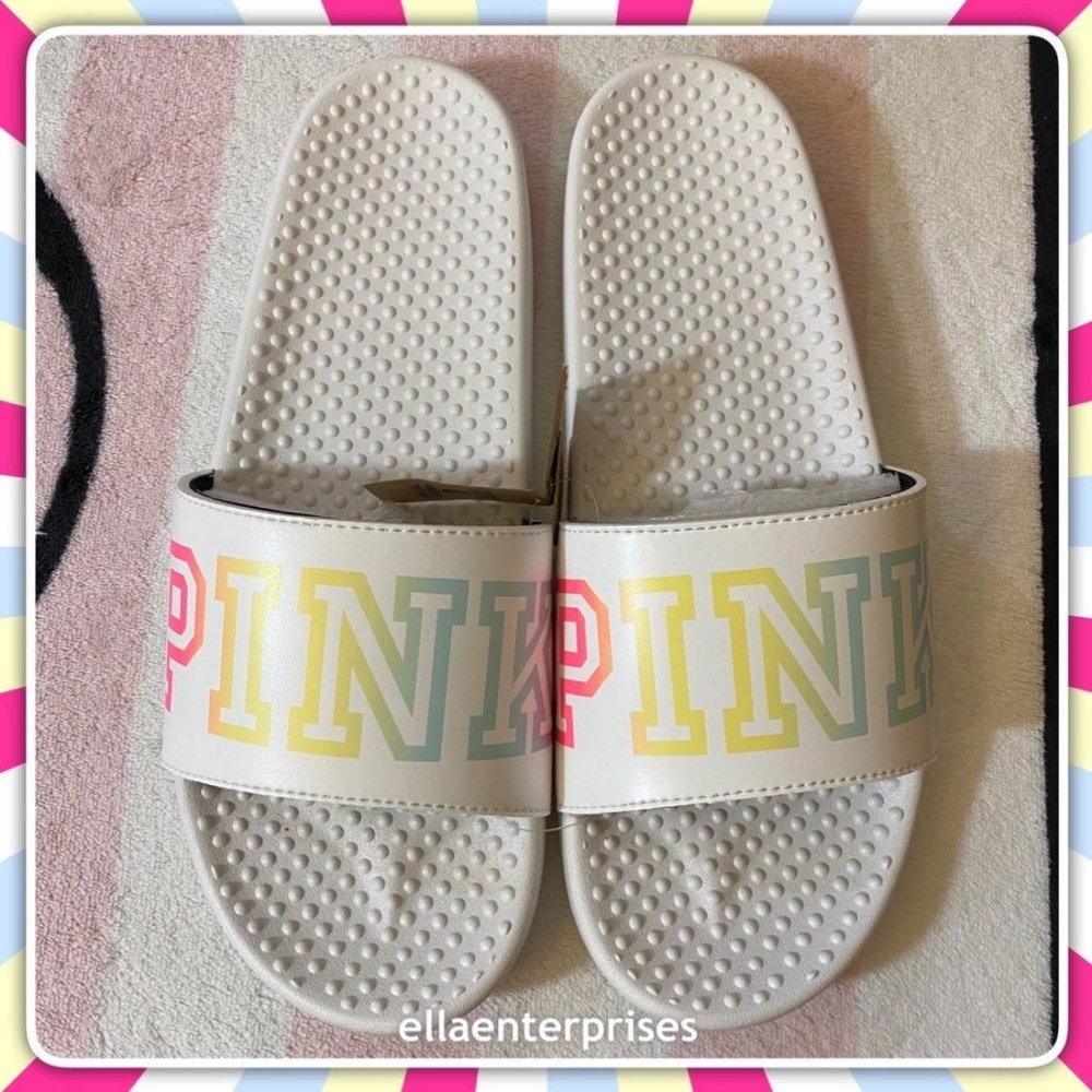 VS Pink Slides White Rainbow Logo Sandals